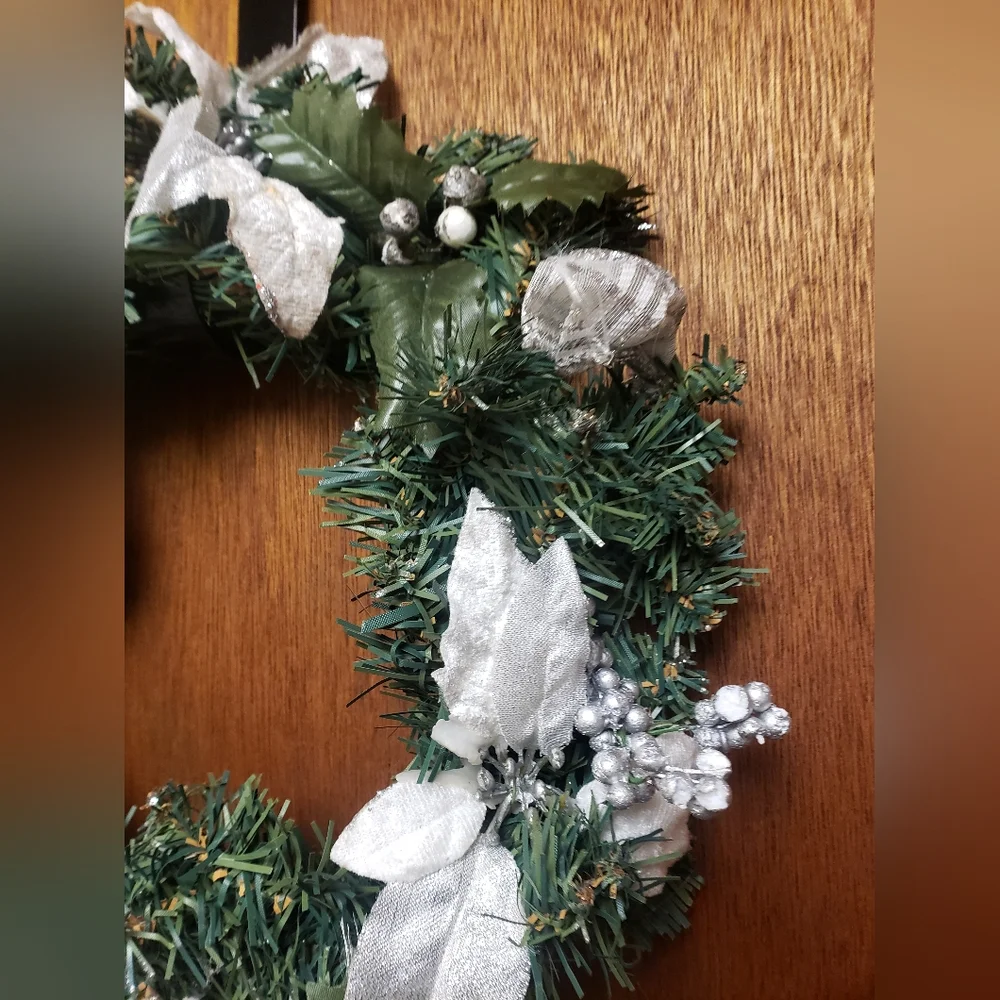Festive Green White and Silver Holiday Pine Wreath Or Centerpiece 12